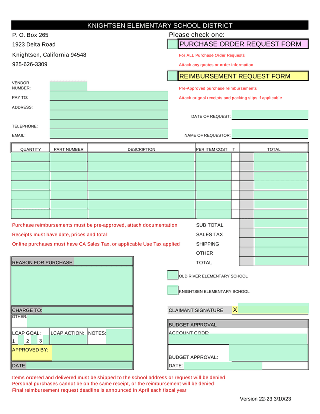 PURCHASE ORDER REQUEST FORM  REIMBURSEMENT REQUEST FORM screenshot