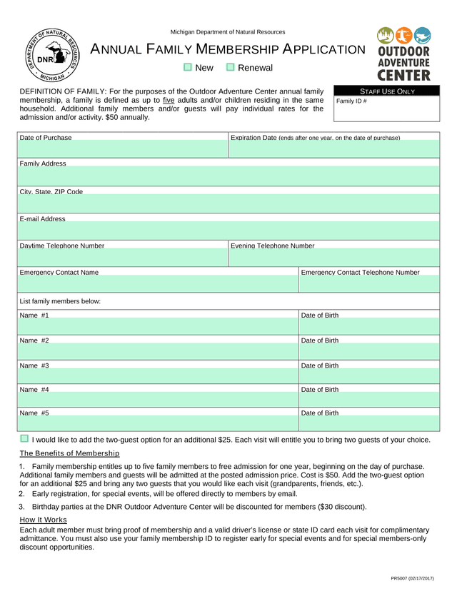 Michigan Department Of Natural Resources Annual Family Membership Application screenshot