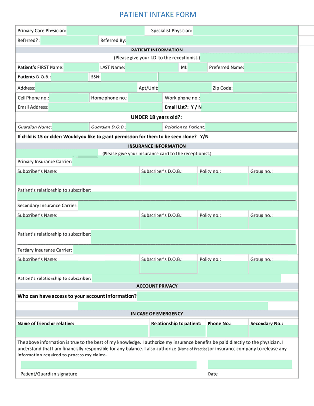 PATIENT INTAKE FORM screenshot