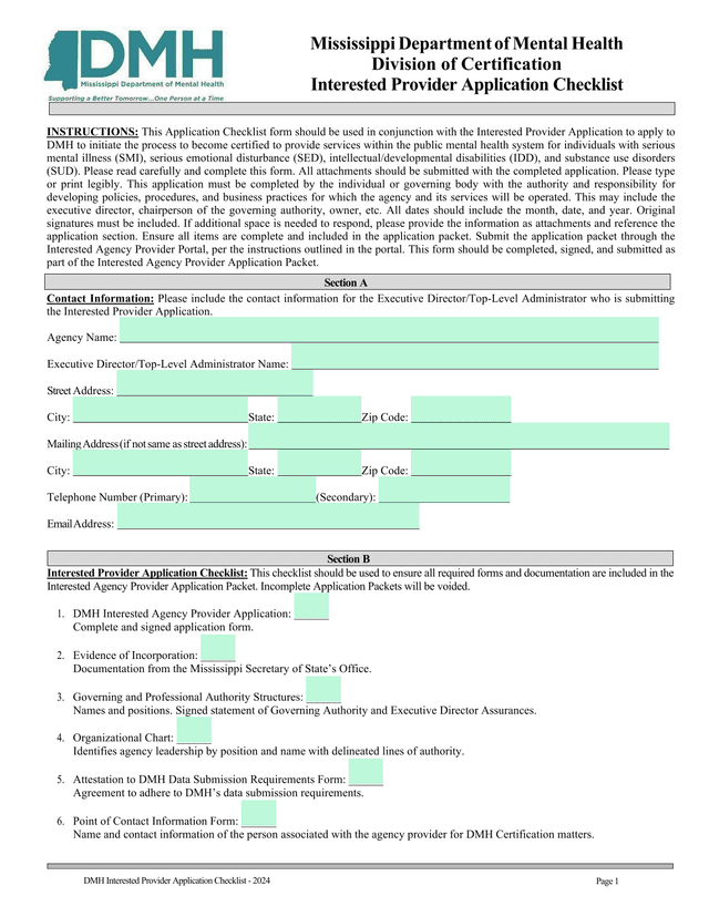 Mississippi Department Of Mental Health Interested Provider Application Checklist screenshot