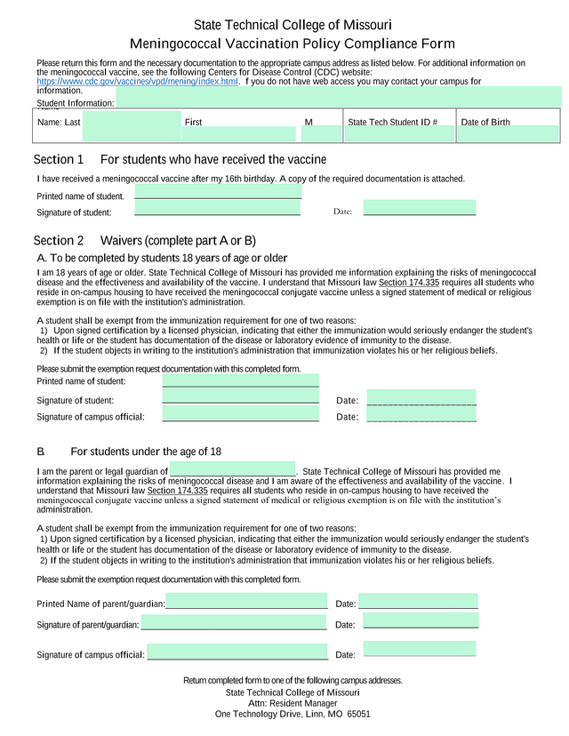 Meningococcal Vaccination Policy Compliance Form screenshot
