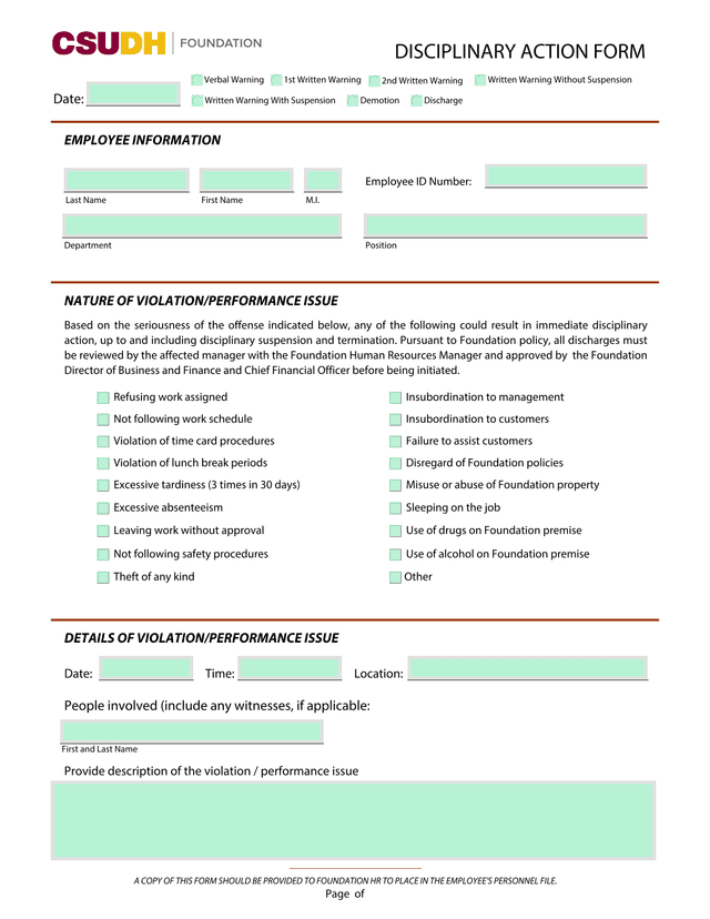 Disciplinary Action Form screenshot