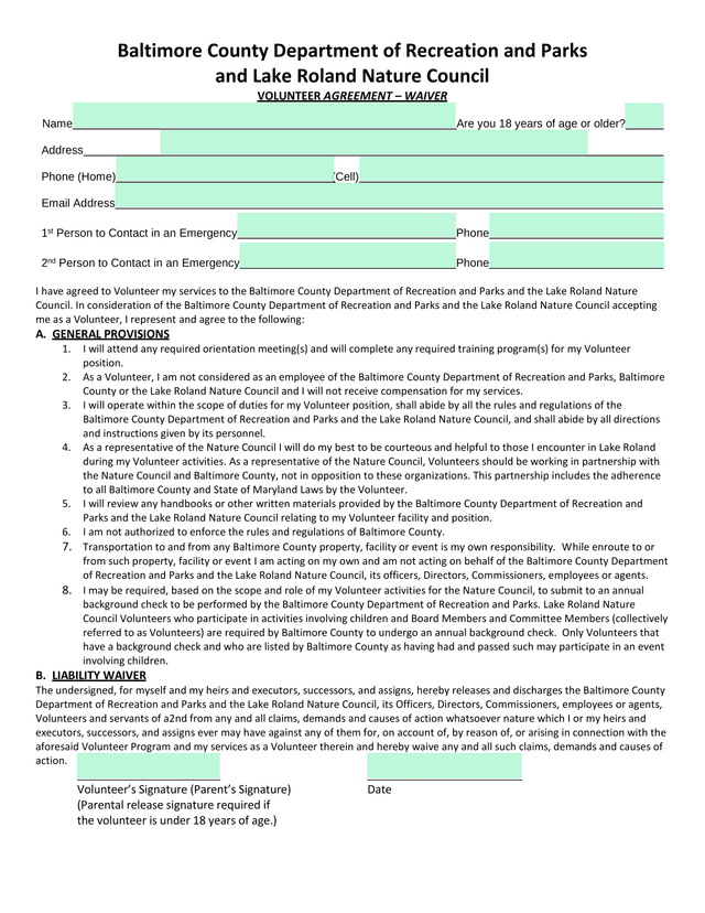 Volunteer Agreement   Waiver screenshot
