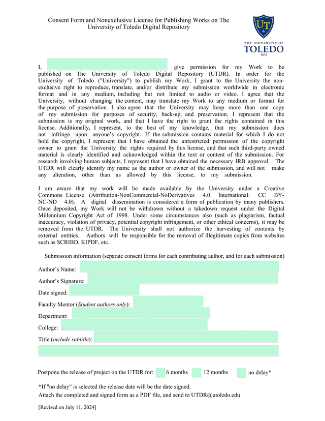 Consent Form And Nonexclusive License For Publishing Works On The University Of Toledo Digital Repos screenshot