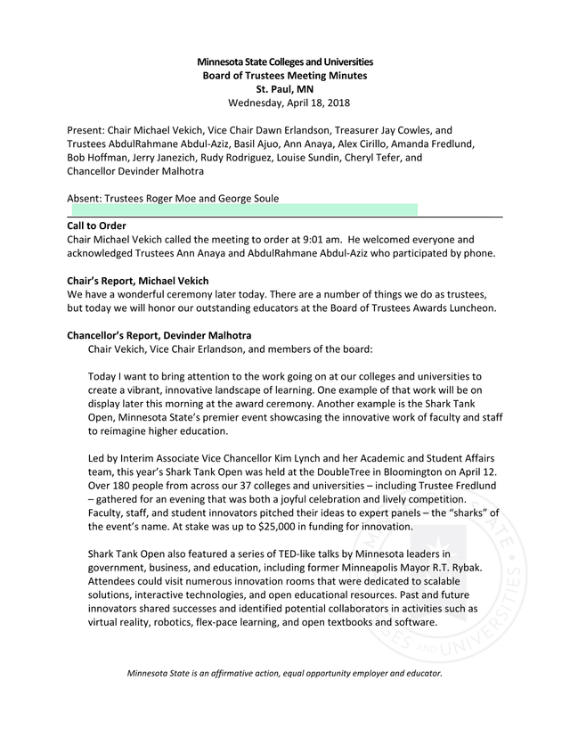 Minnesota State Colleges And Universities Board Of Trustees Meeting Minutes screenshot