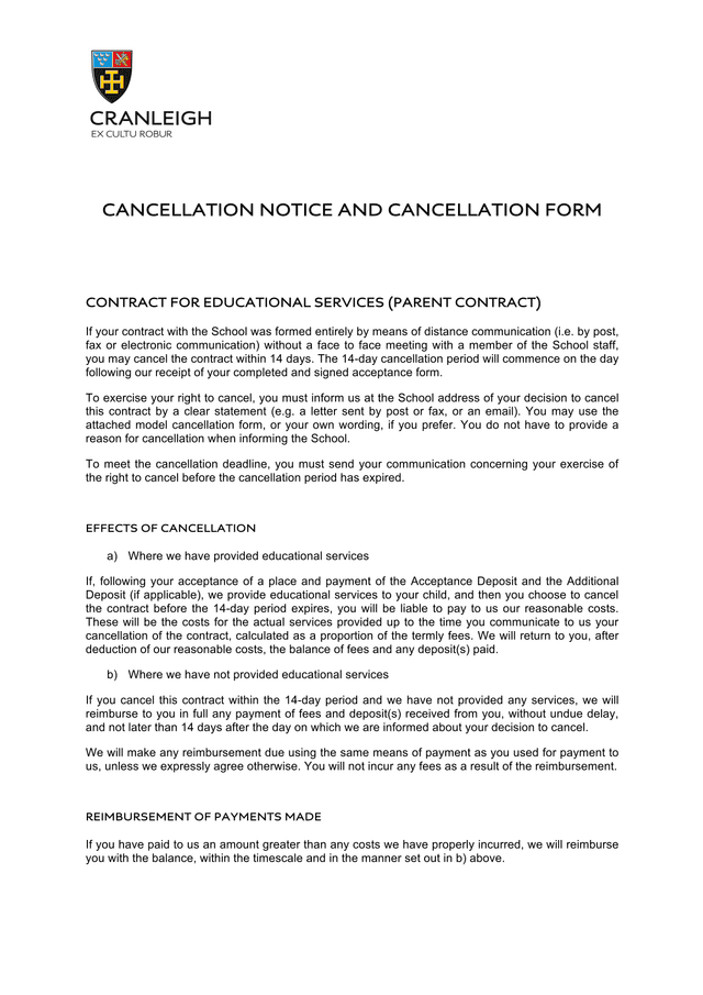 Cancellation Notice And Cancellation Form screenshot