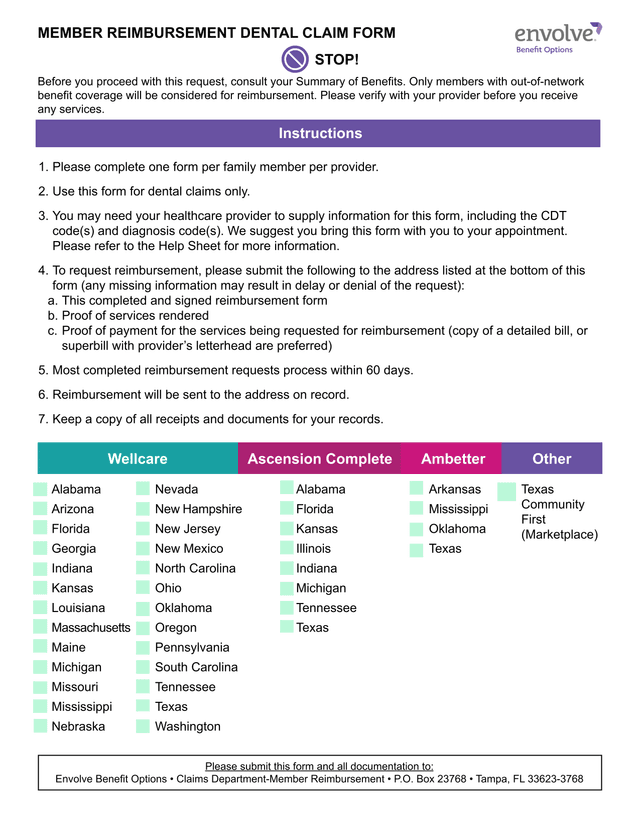MEMBER REIMBURSEMENT DENTAL CLAIM FORM screenshot