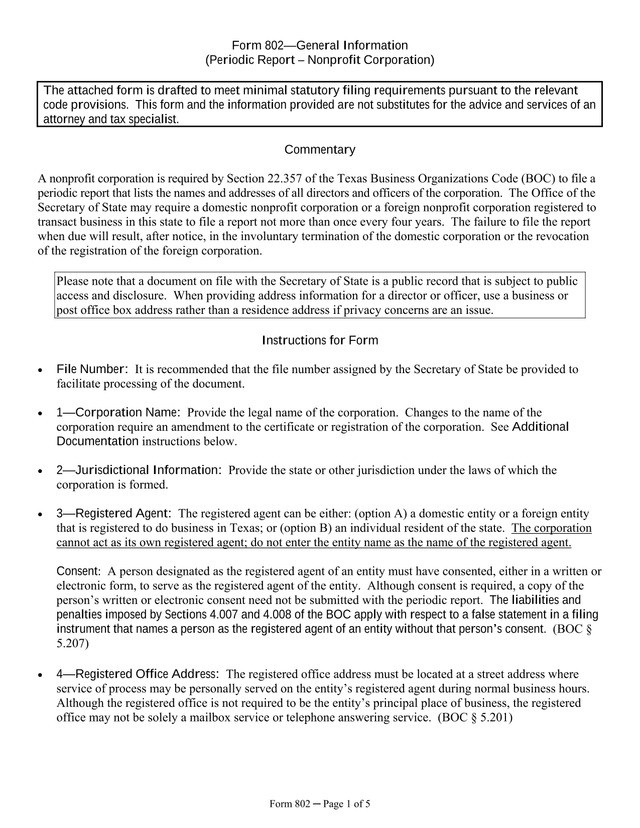 Form 802General Information (Periodic Report  Nonprofit Corporation) screenshot