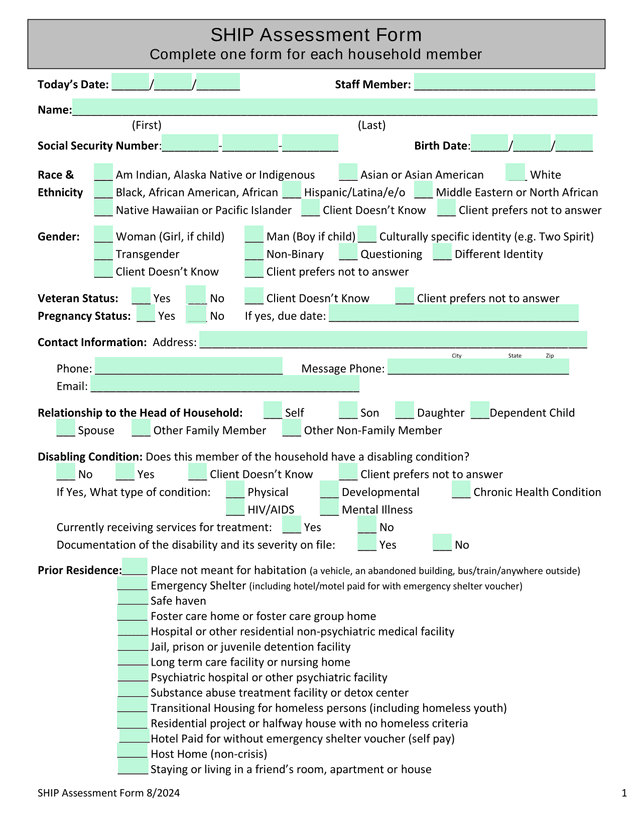 SHIP Assessment Form 82024 screenshot