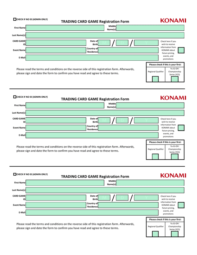 TRADING CARD GAME Registration Form screenshot