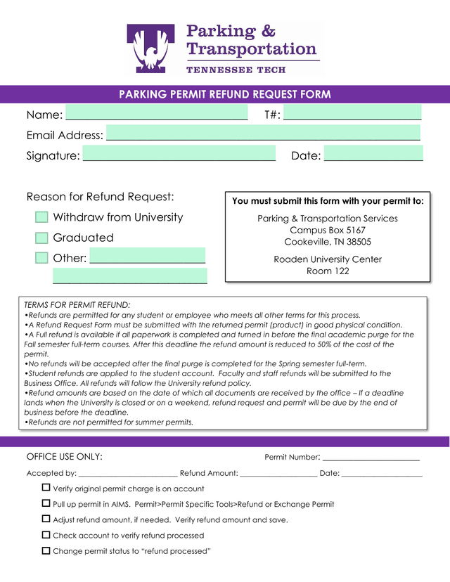 PARKING PERMIT REFUND REQUEST FORM screenshot