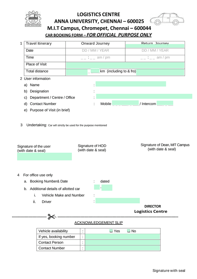 CAR BOOKING FORM  FOR OFFICIAL PURPOSE ONLY screenshot