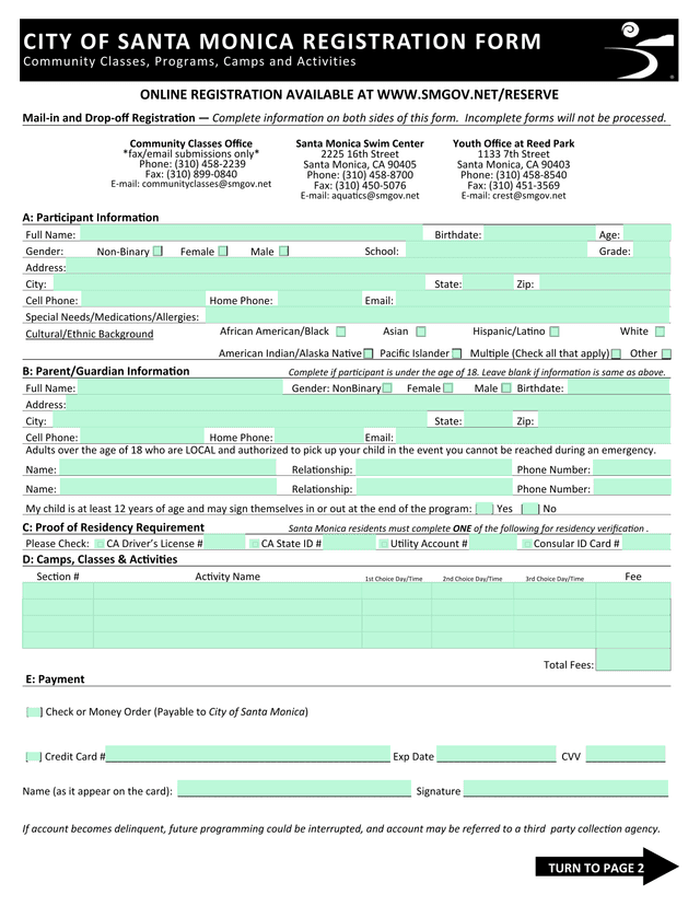City Of Santa Monica Registration Form screenshot