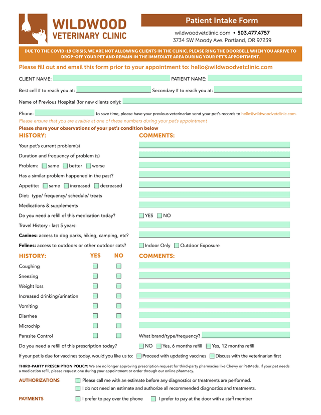 Wildwood Veterinary Clinic Pet Intake Form screenshot