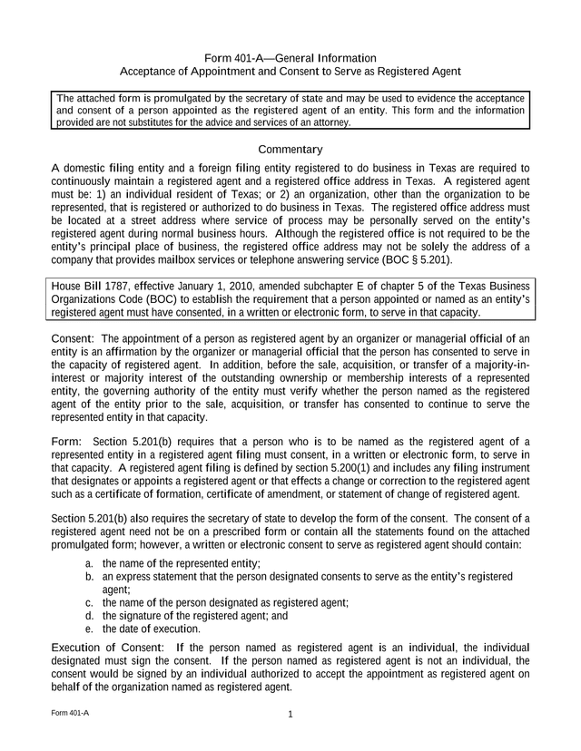 Form 401 AGeneral Information Acceptance Of Appointment And Consent To Serve As Registered Agent screenshot