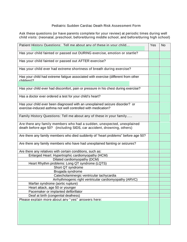 Pediatric Sudden Cardiac Death Risk Assessment Form screenshot