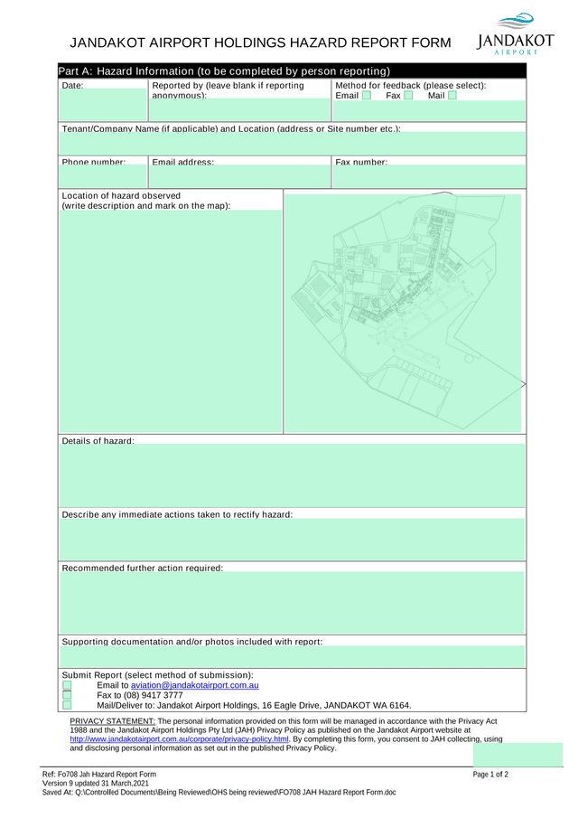 JANDAKOT AIRPORT HOLDINGS HAZARD REPORT FORM screenshot