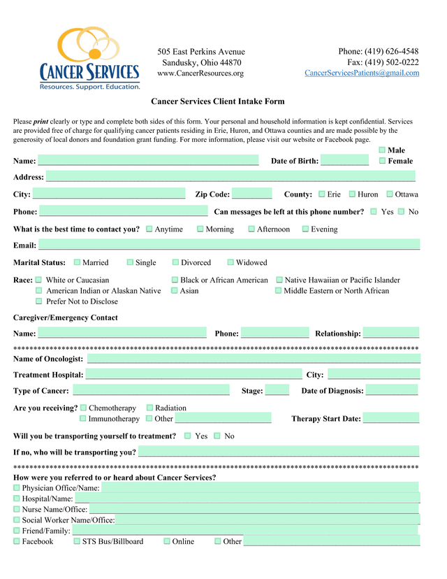 Cancer Services Client Intake Form screenshot