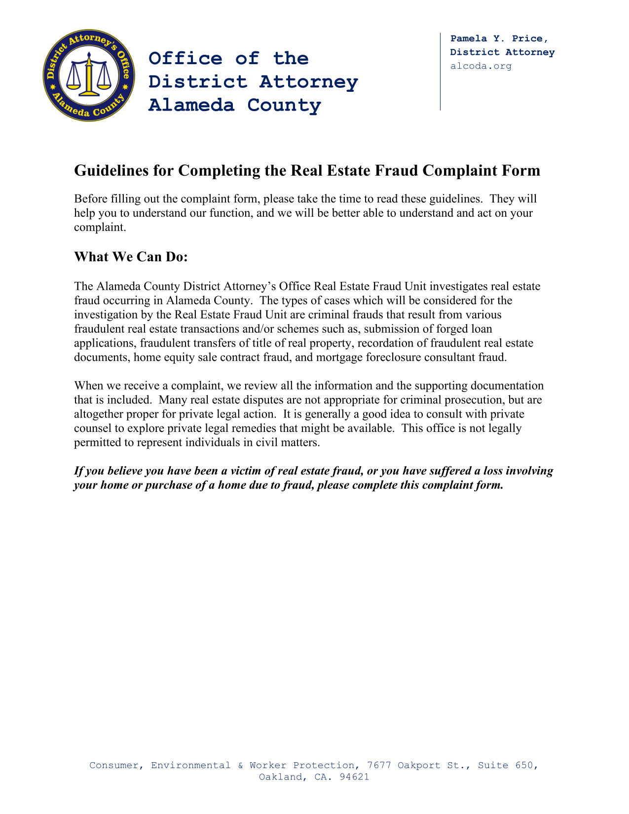 Guidelines For Completing The Real Estate Fraud Complaint Form screenshot