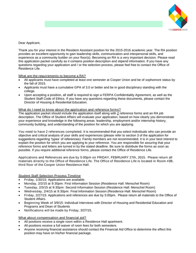 Resident Assistant (RA) Application Packet screenshot