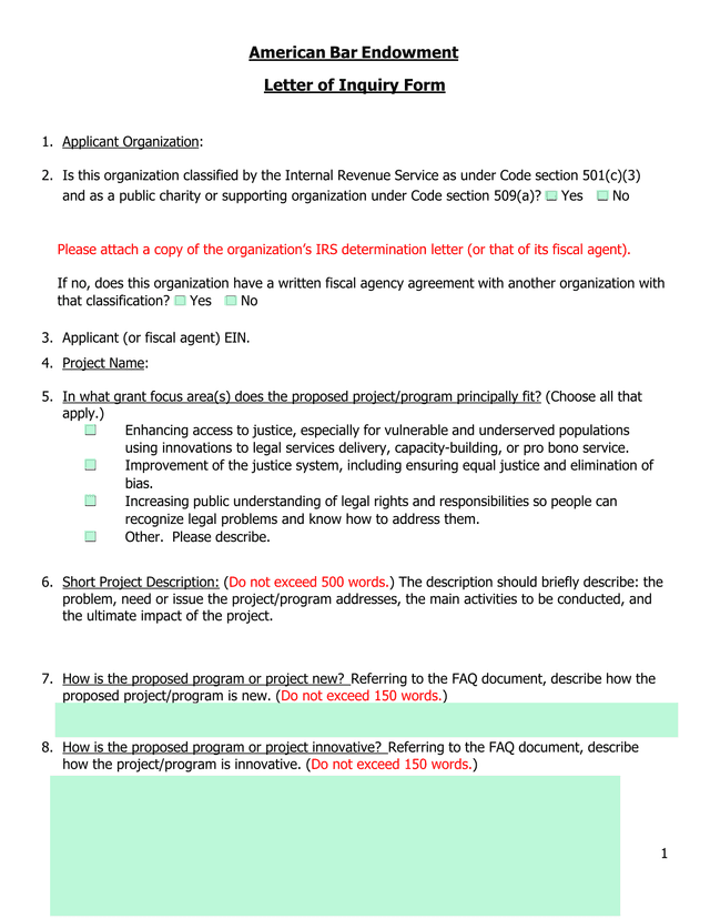 American Bar Endowment Letter Of Inquiry Form screenshot