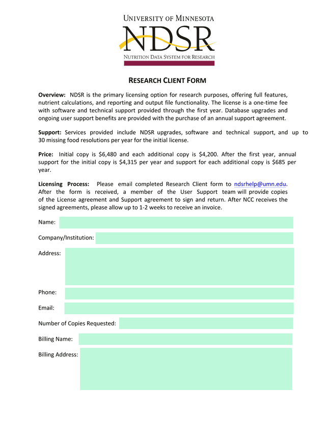 RESEARCH CLIENT FORM screenshot