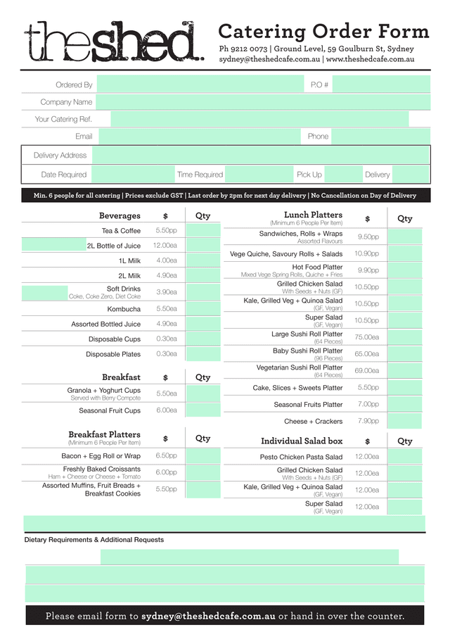 Catering Order Form screenshot