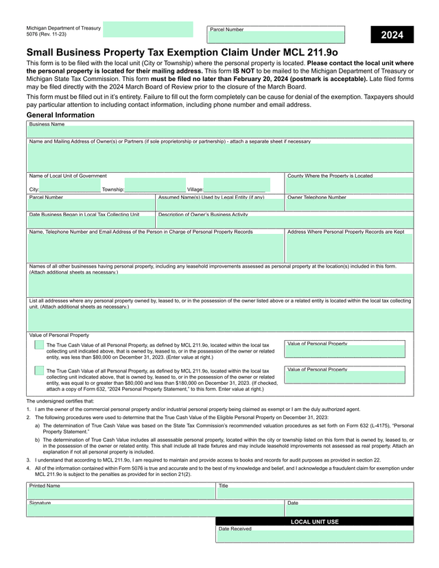 Small Business Property Tax Exemption Claim Under MCL 211.9o screenshot