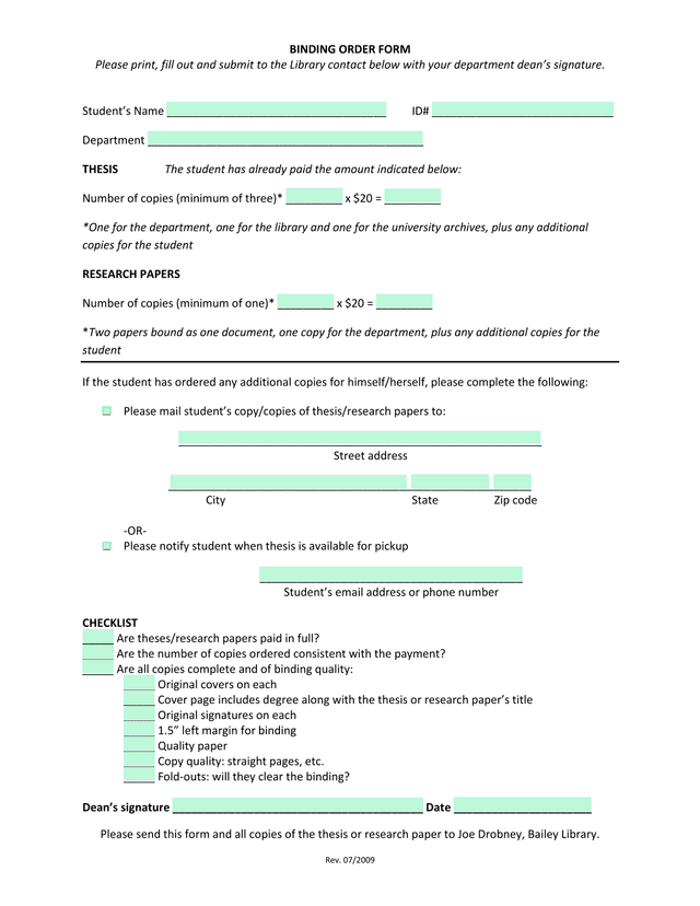BINDING ORDER FORM screenshot