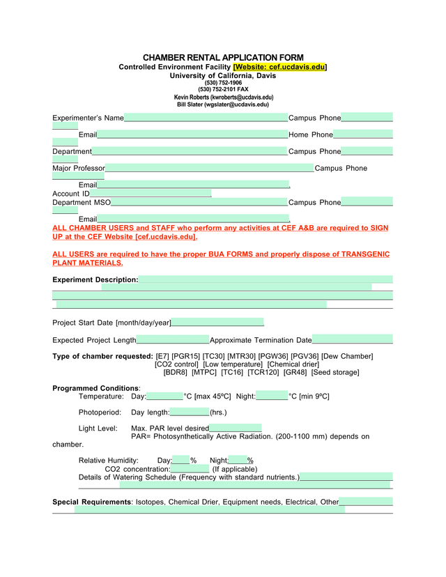 Chamber Rental Application Form screenshot