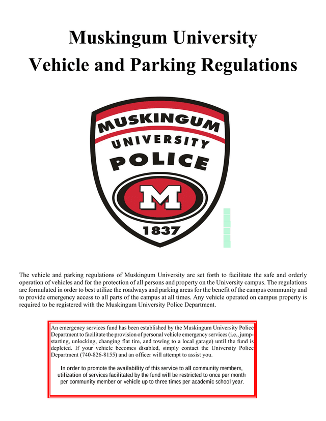 Muskingum University Vehicle And Parking Regulations screenshot