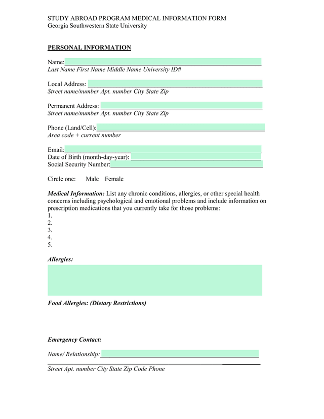 Study Abroad Program Medical Information Form screenshot