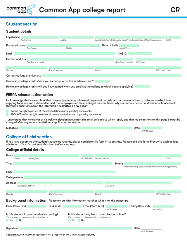Common App College Report screenshot