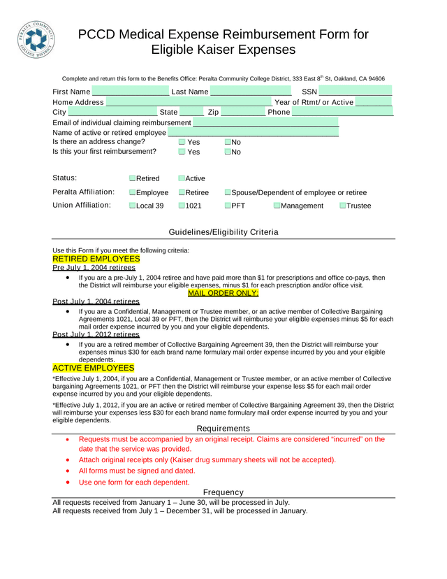 Peralta Community College District Reimbursement Form screenshot