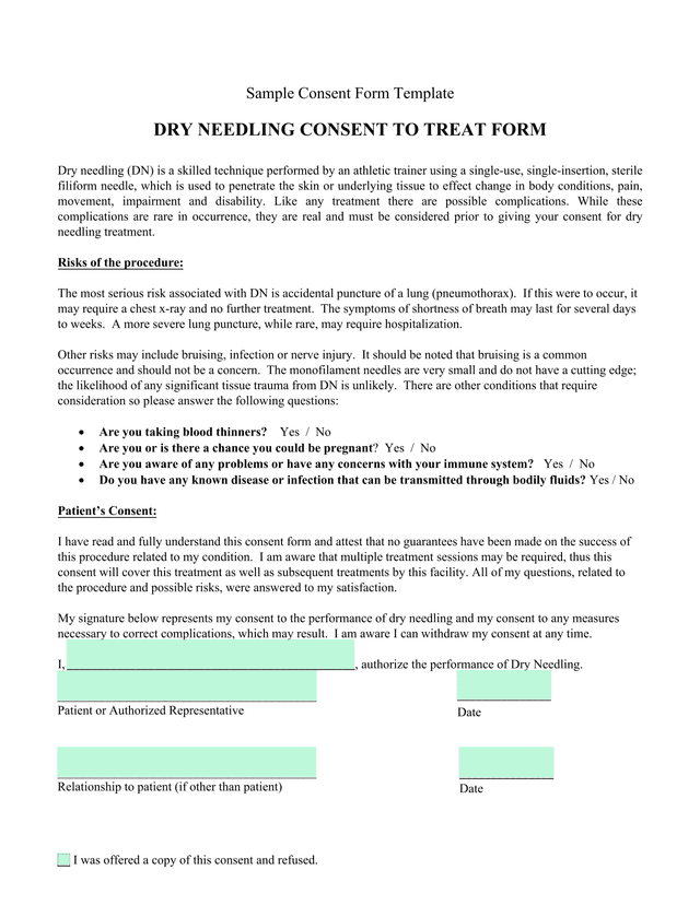 Dry Needling Consent To Treat Form screenshot