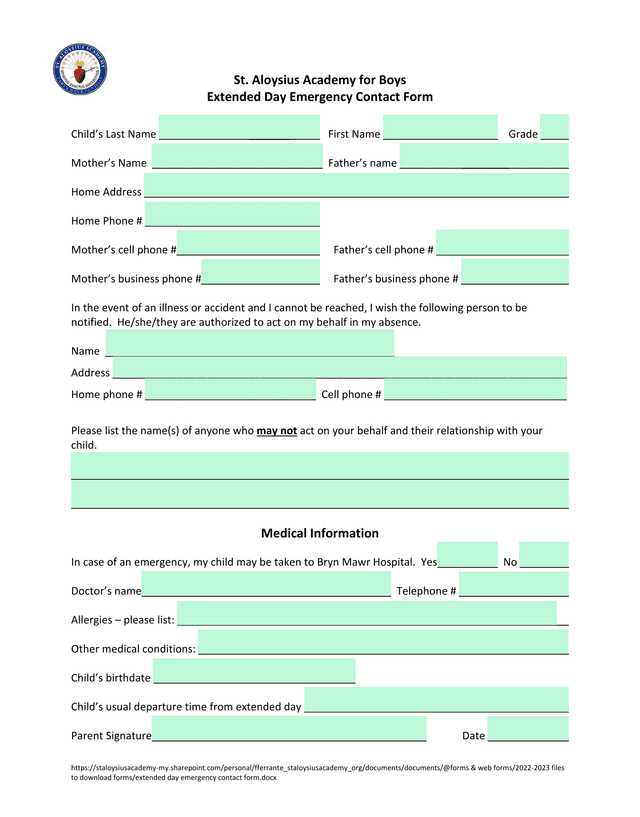 Extended Day Emergency Contact Form screenshot