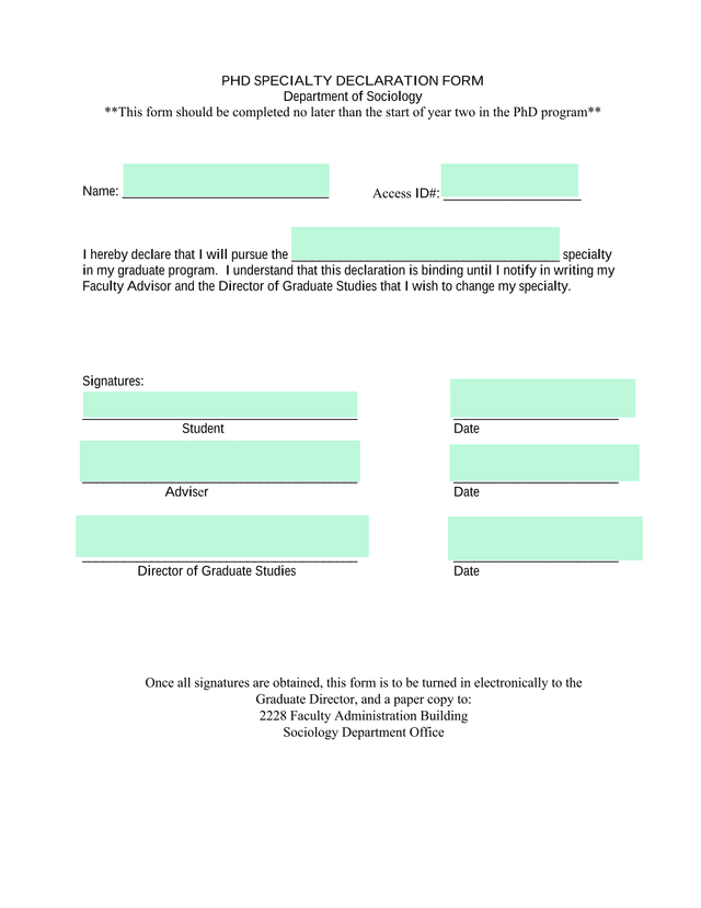 PHD Specialty Declaration Form screenshot