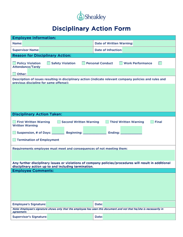 Disciplinary Action Form screenshot
