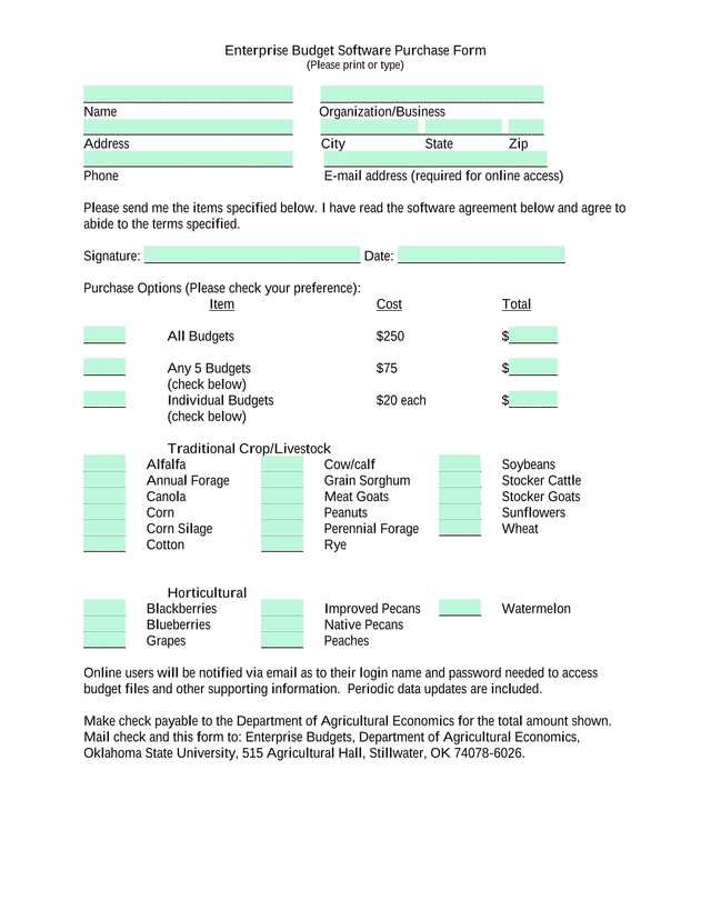 Enterprise Budget Software Purchase Form screenshot