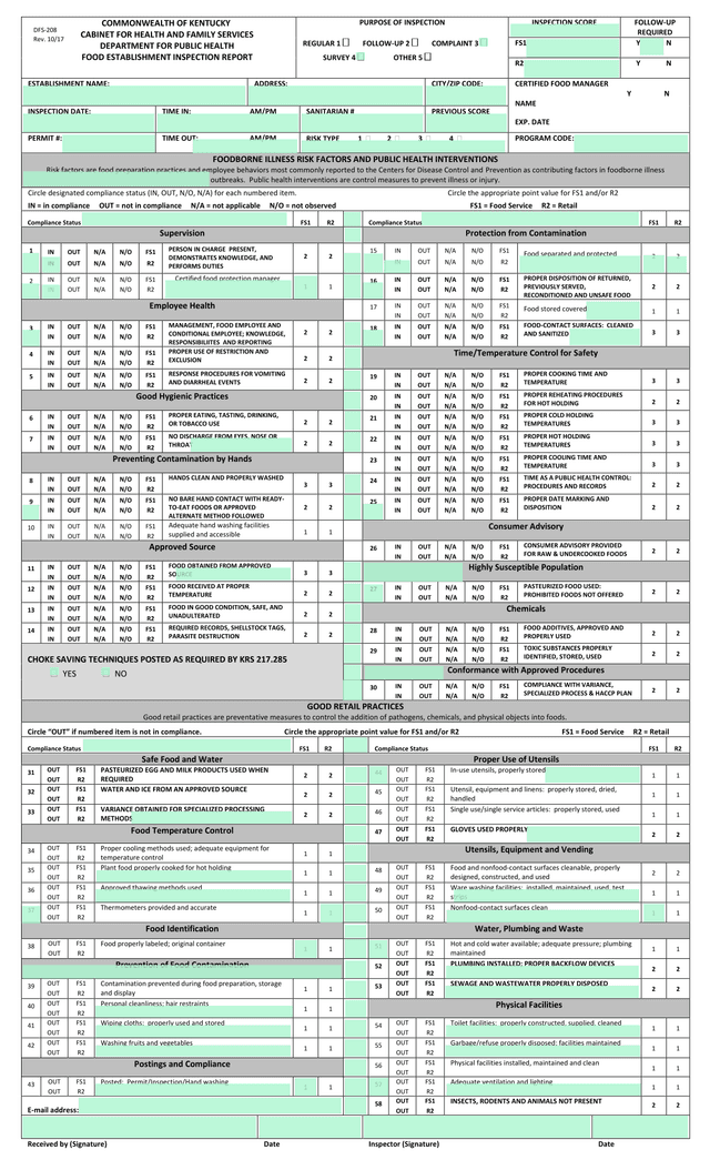 Food Establishment Inspection Report screenshot