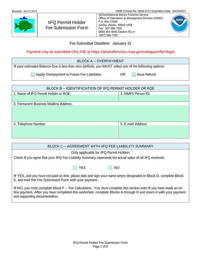 IFQ Permit Holder Fee Submission Form screenshot