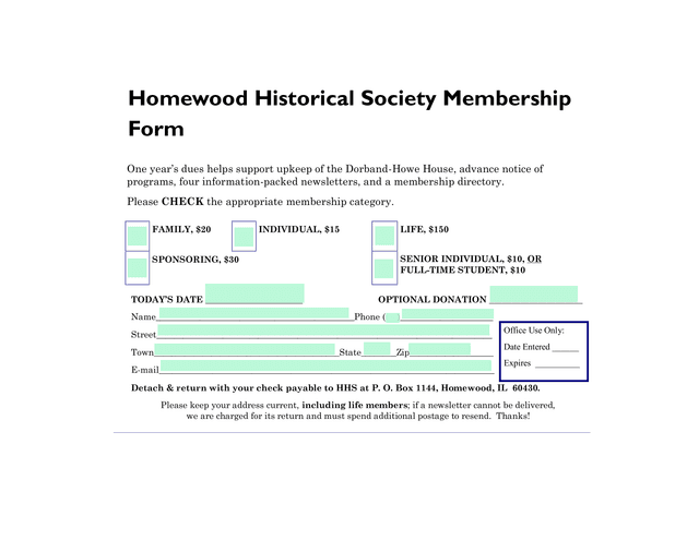 Homewood Historical Society Membership Form screenshot