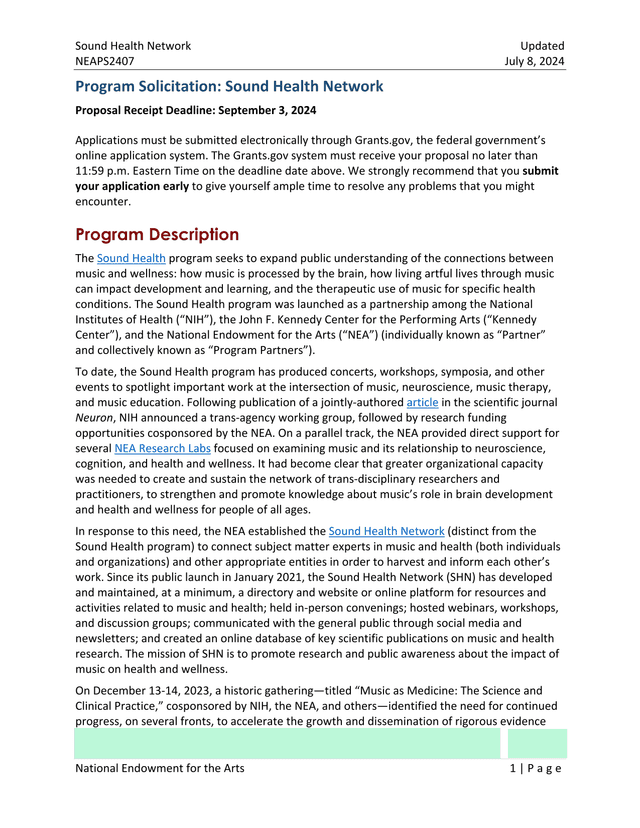 Program Solicitation Sound Health Network screenshot