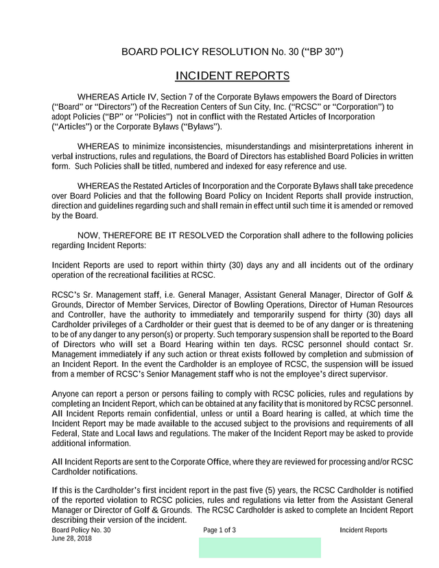 Board Policy Resolution No. 30 (BP 30) Incident Reports screenshot