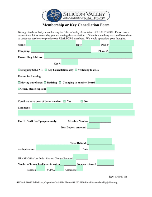 Membership Or Key Cancellation Form screenshot