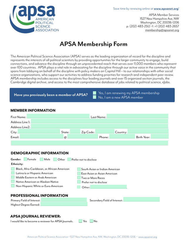 APSA Membership Form screenshot