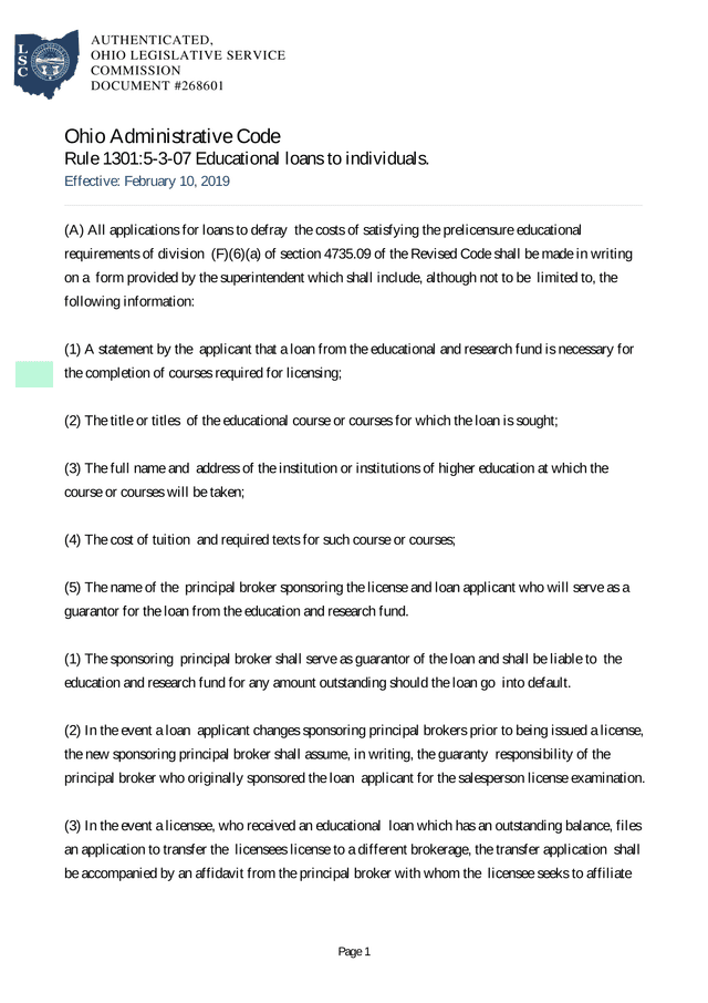 Ohio Administrative Code Rule 13015 3 07 Educational Loans To Individuals screenshot