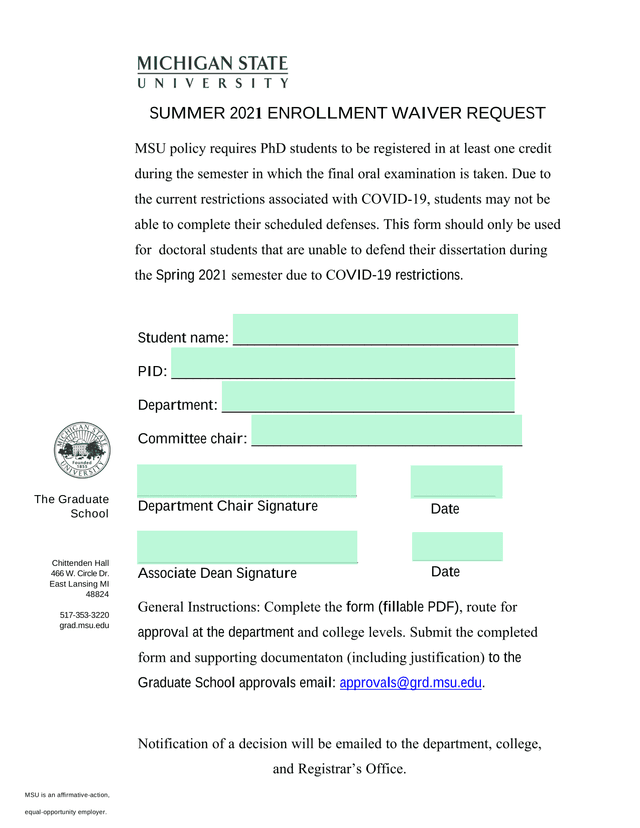 Summer 2021 Enrollment Waiver Request screenshot