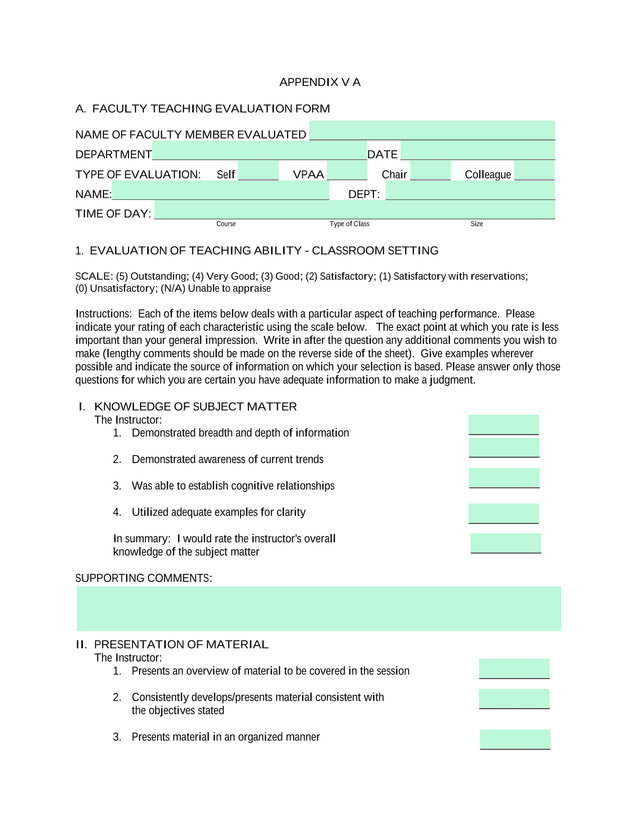 Faculty Teaching Evaluation Form screenshot