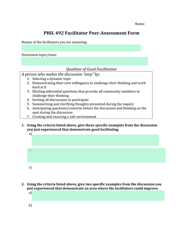 PHIL 492 Facilitator Peer Assessment Form screenshot